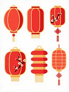 卡通插画风，一组6个红色中国传统灯笼的集合，每个灯笼造型各异，包括圆形、椭圆形、方形、多层叠挂等样式，均以金色线条勾勒轮廓，内部为纯红色填充，部分灯笼装饰有流苏、中国结、梅花图案等传统元素，所有灯笼在纯白色背景上均匀排列，呈现出鲜明的色彩对比和清晰的视觉层次，整体风格喜庆、简洁、具有浓厚的节日氛围和传统韵味。