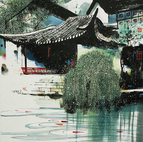 枕河人家 - 汪钰元彩墨作品 #采集大赛...