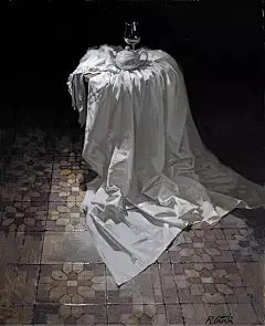 在深色背景下的白色静物
西班牙画家：拉斐尔·卡塔拉（RAFAELCATALÁ） 