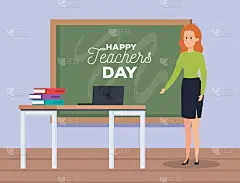 女老师和笔记本电脑，还有书和黑板