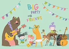 生日贺卡上有可爱的动物和孩子们玩耍正版高清图片下载-视觉中国VCG.COM