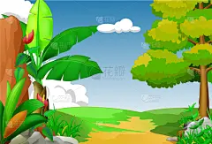 动画片,山,酷,风景,地形,可爱的,环境,云,树,坐