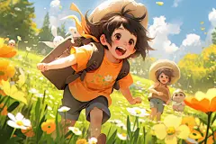 夏令营春游假期孩童郊游插画图片