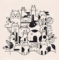手绘卡通猫咪  - 源文件下载【酷图网】手绘猫咪,卡通,创意手绘,矢量素材,黑白手绘,
