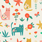 Vector vector seamless pattern with  flowers and cats. animal background in hand-drawn style. cartoon style