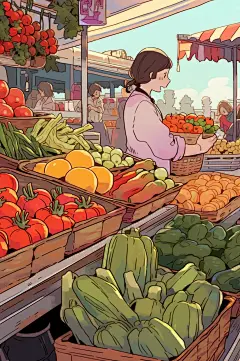 AI数字艺术菜市场生鲜蔬菜市场线条插画-众图网