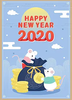 古风卡通手绘鼠年新年春节扁平化贺卡VI海报UI插画设计矢量图素材-淘宝网