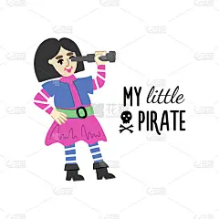 这是一幅儿童插画，画的是一个海盗女孩，穿着海装，手里拿着望远镜。小海盗这个词