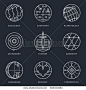 Illustrations and logo templates of fundamental science disciplines, research and education. Social, Chemistry, Astronomy, History, Geometry, Linguistics, Biology, Medicine, Cybernetics.  Vector set.