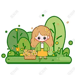 春日踏青的可爱小女孩挎着花篮在草地上玩耍插画PNG素材春天人物元素