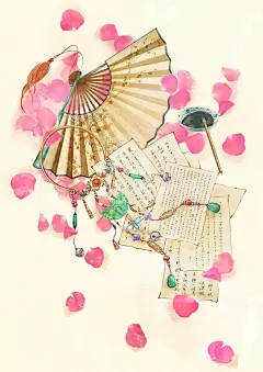 唯美古风场景水墨水彩手绘配饰古典道具插画JPG图背景设计PS素材
