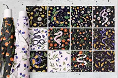 神秘抽象艺术植物毒蛇魔法图腾手绘插画无缝拼接印花图案设计素材下载_颜格视觉