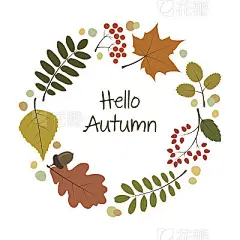 Greeting card with colorful autumn leaves. Maple, oak, birch, rowan leaves.
