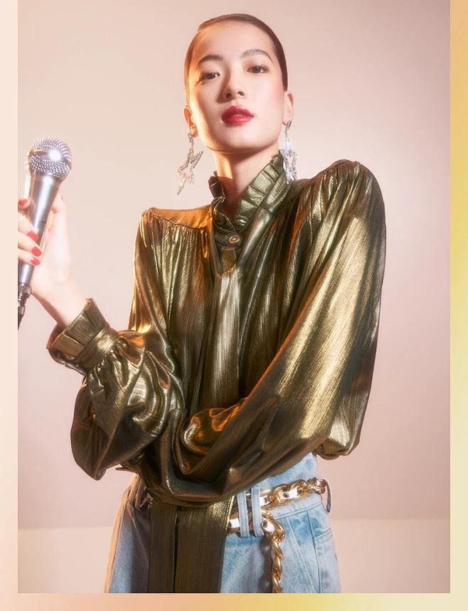 UOOYAA/乌丫2021春季新款气场天后复古蝴蝶绑带金色巨星套头上衣-tmall.com天猫-花瓣网