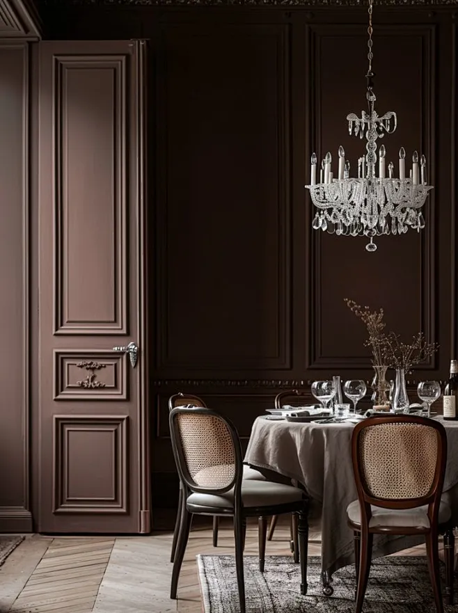 This may contain: an elegant dining room with chandelier and table set ...