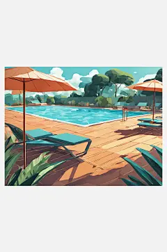 扁平风夏季游泳池插画AI数字艺术