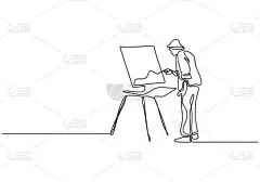 画家的一幅线条画.站在画布上画艺术品的人.持续的手绘简约主义.