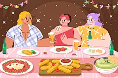 扁平卡通朋友同事聚会聚餐派对美食拍照打卡插画海报Ai设计素材-淘宝网