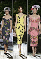 Dolce&Gabbana Alta Moda FW 2015。仿佛来自异域的公主贵妇们穿着各色花朵图案、金线刺绣的裙子，戴着华丽的头冠， 缓缓步入晚宴。