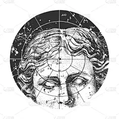 用星座和坐标计算的方法绘制星空上阿佛洛狄忒雕像的矢量手绘图解。复古风格的复古艺术版面装饰。因白人背景