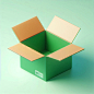 A green empty open box on the clean background, in the cartoon style, rendered in C4D, as a 3D scene displaying a product, with lighting creating a atmosphere with high saturation and clear details, in the style of impressionist painters