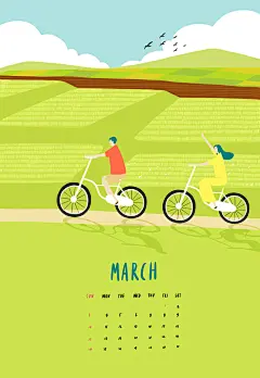 台历插画三月骑车海报