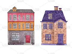 房子，带草坪的小屋，白色背景隔离。甜蜜的家房子的水彩画.Apartament.建筑。House.