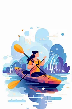 AI数字艺术手绘漂流划船水上活动旅游插画
