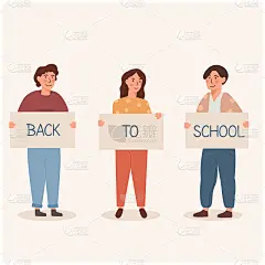 回到学校的概念，白种人的孩子-男女学生站在一起举着标语牌。儿童或时髦的青少年在平面卡通风格与横幅。矢