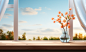 a window view scene with a wood frame, in the style of minimalist backgrounds, motion blur panorama, 32k uhd, tabletop photography, light amber and sky-blue, bright backgrounds, organic material