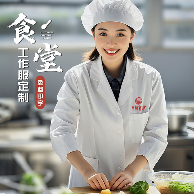 白色食堂厨师工作服长袖定制秋冬季幼儿园阿...