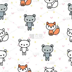 可爱的无缝图案与熊和狐狸的孩子。手绘动物