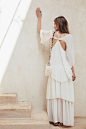 Athena Gown - Natural White : Pleated layered chiffon gown. Sleeves are removable. Fully lined. Styled with our Luna bag in Mother of Pearl. Made in Los Angeles.