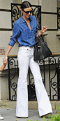 Miranda Kerr nails the denim-on-denim look. // #StreetStyle #Fashion