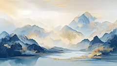 花瓣素材_中国风系列青蓝色鎏金水墨山水背景通用背景素材_193580213