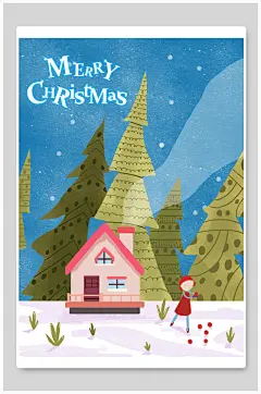 圣诞老人圣诞节木屋雪地插画