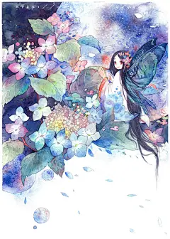 《 紫阳 》-芽人土土_原创,插画,水彩,少女,小清新,古风,花卉,植物_涂鸦王国