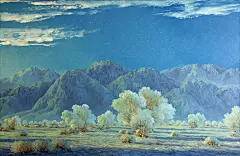 Moonlight and smoke trees 20 x 30in约翰·希尔顿(John William Hilton)1904-1983
出生于中国，是传教士的儿子，在美国腹地作为牧师的孩子抚养长大，然后按照自己的方式发展自己的人生道路，不受正规教育的阻碍。
在深深的好奇心驱使下，他成为了一名专业的宝石学家、植物学家、地质学家和矿工、动物学家、乔治·巴顿将军的顾问、艾森豪威尔将军的朋友和画家，喜欢弹吉他和唱歌，是一位非常好的作家，当然，他的调色刀或画笔也不差。他在莫哈维沙漠安家，在马路对面经营着一家
