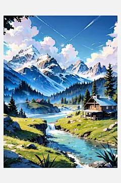 数字艺术 手绘插画 风景插画  山川装饰-众图网