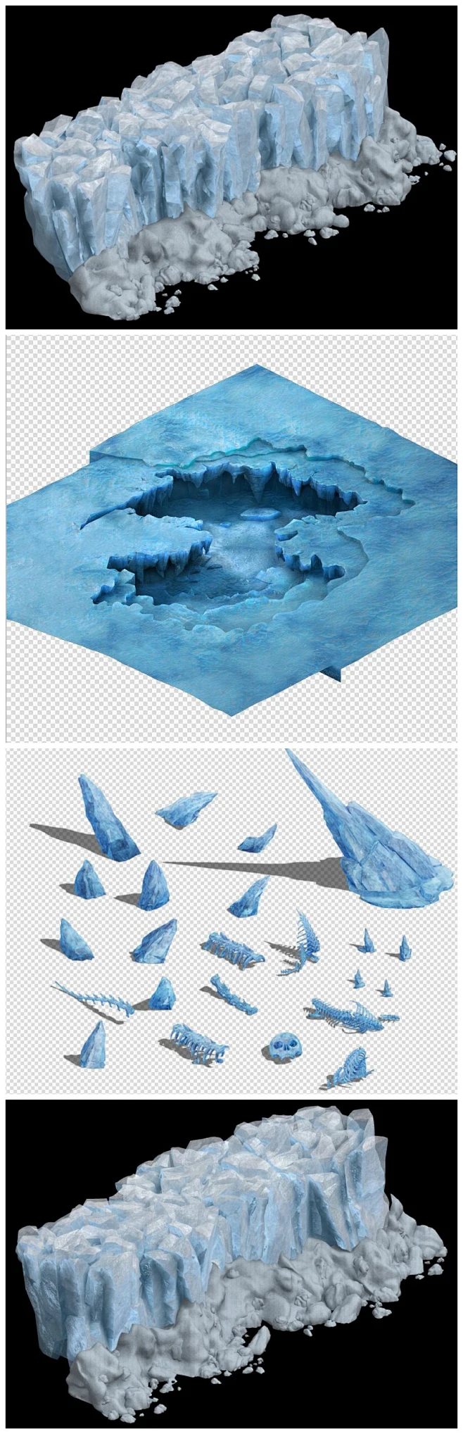 冰 冰川 冰山 水晶 雪地 2.5D游戏地图 三转二地图PSD 写实Q版 中国风武侠仙侠2.5D场景地图 游戏修图素材 原画3D素材 游戏美术 ...