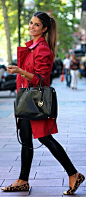 Red jacket, black tights, this beautiful back handbag and the leopard flats to complete it!