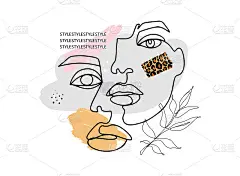 当代艺术海报，抽象的女性面孔，一线画树枝与树叶，油漆纹理和豹纹。时尚海报。现代平面设计。