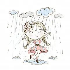 可爱的女孩在雨中开心地穿过水坑，手绘小清新T恤印花插画