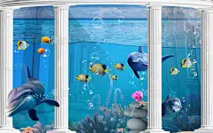 3D海海豚、鱼、龟、珊瑚礁、白柱背景的海水下的壁纸。将视觉上扩大一个小房间的空间，带来更多的光 