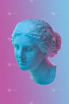 米洛的维纳斯雕像。创意概念彩色霓虹图像配以古希腊雕塑维纳斯或阿佛洛狄忒的头像。Webpunk，蒸汽波