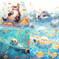 Cute sea otter and a little yellow duck, lollipops, watching a movie, a big blueocean, gorgeous, dreamy tones, particle ink, jellyfish swimming, bubbles--niji5 --niji 5