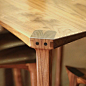 Dining table leg joint exposed joinery called a Maloof joint.
