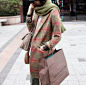韩国女装 冬装复古学院风格子西装领中长款毛呢大衣外套 包邮 #冬装# #学院# #西装#