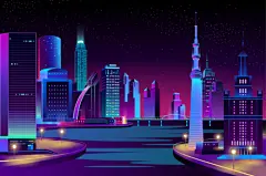 矢量蒸汽波城市地标渐变夜景风景插画手绘赛博朋克图案AI设计素材