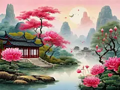 中国风江南风景工笔画AI数字艺术